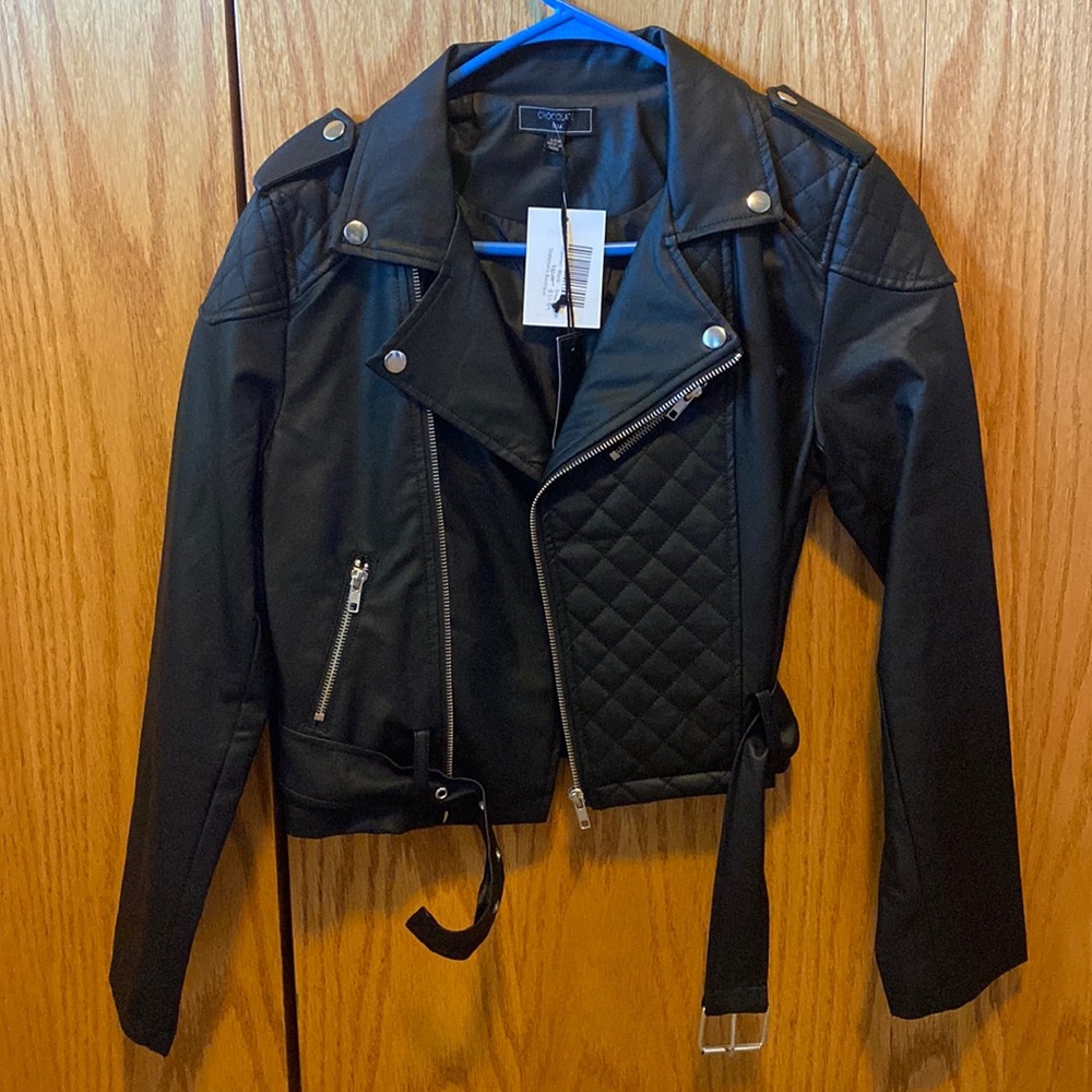 Black, fake leather, bomber style, size Small, lightweight jacket